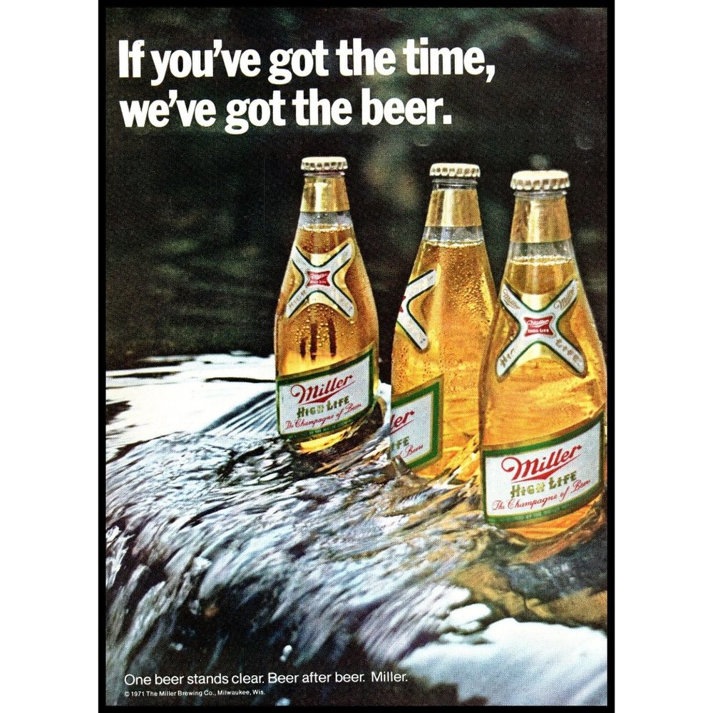 1971 Miller High Life Beer Vintage Print Ad River Running Water Man Cave Pop Art